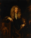 Retrato a óleo de um cavalheiro com peruca loira volumosa, vestindo casaco escuro e colarinho de renda branca, atribuído a Nicolaes Maes. Um putto aparece na parte inferior esquerda.