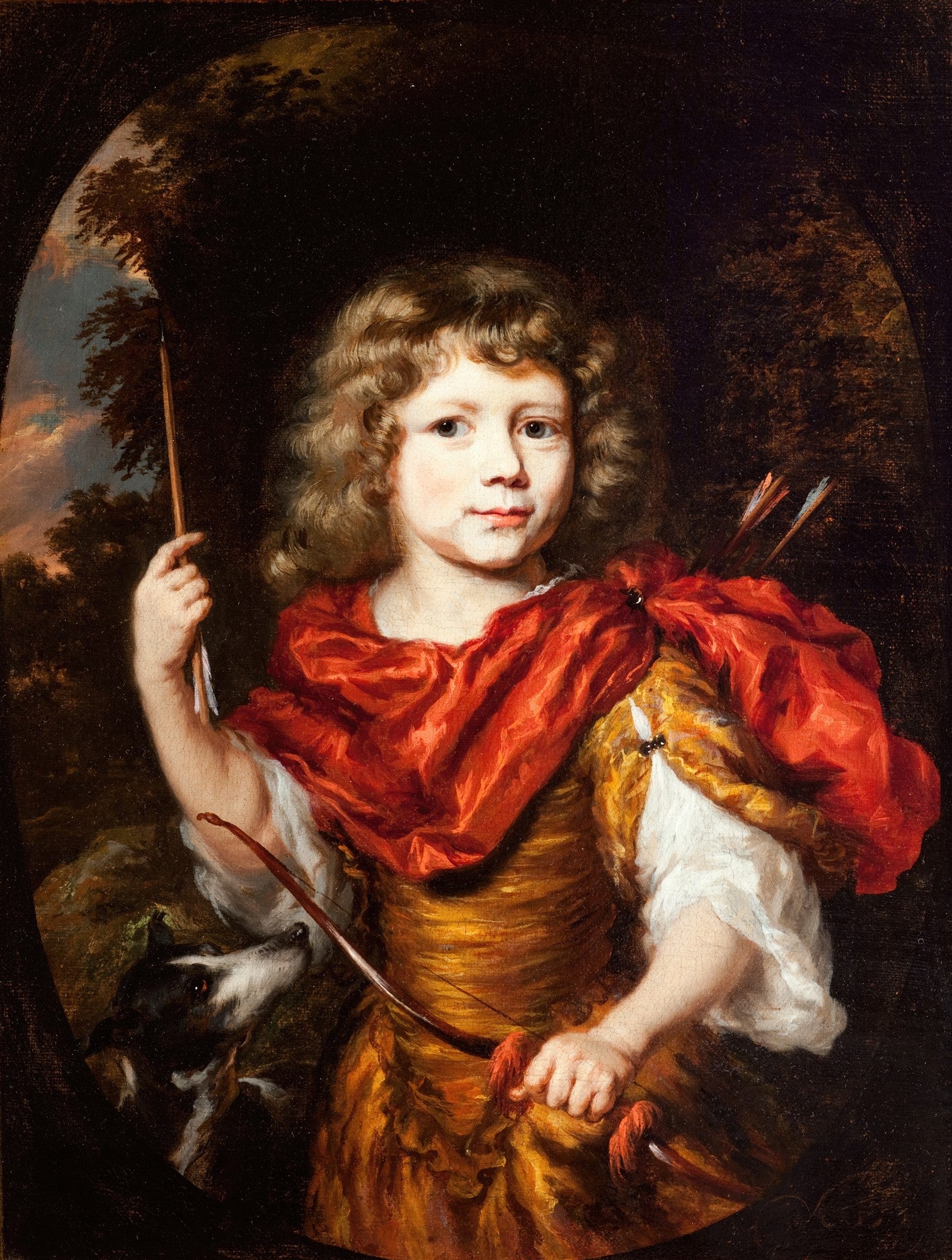 Retrato oval de uma criança de cabelos cacheados e loiros, vestindo um manto vermelho e roupa dourada, segurando um arco e flecha. Um cachorro aparece no canto inferior esquerdo. O fundo é escuro com uma abertura para uma paisagem com céu e árvores.