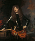 Retrato de um homem com peruca longa e cacheada, bigode, vestindo armadura e segurando um bastão, com navios em batalha ao fundo, estilo barroco de Nicolaes Maes