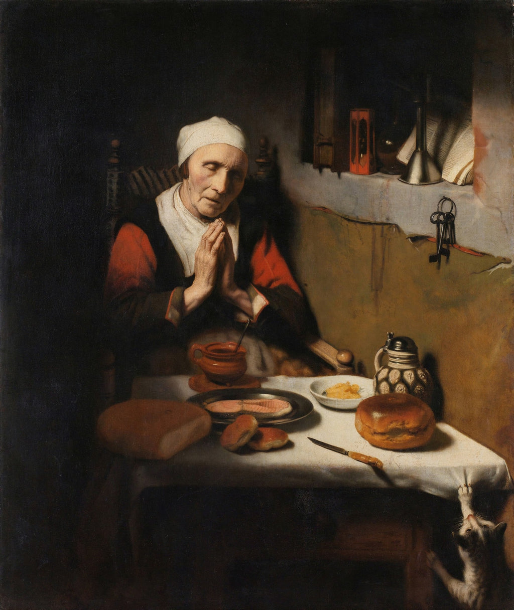 Quadro 'A Oração da Velha' de Nicolaes Maes, retratando uma idosa em oração à mesa, com um gato espreitando a comida. Cena de gênero holandesa do século XVII, com iluminação dramática e tons escuros.