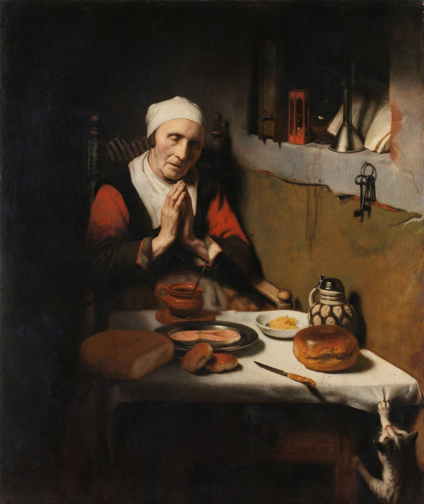 Quadro 'A Oração da Velha' de Nicolaes Maes, retratando uma idosa em oração à mesa, com um gato espreitando a comida. Cena de gênero holandesa do século XVII, com iluminação dramática e tons escuros.