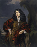 Quadro decorativo de um retrato atribuído a Nicolaes Maes, apresentando uma figura com longos cabelos escuros e vestes luxuosas em tons de vermelho e dourado, com um fundo escuro e paisagem nebulosa.