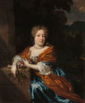 Retrato de uma dama com cabelo cacheado, colar de pérolas, vestindo um robe laranja e azul, com rosas em primeiro plano, atribuído a Nicolaes Maes.