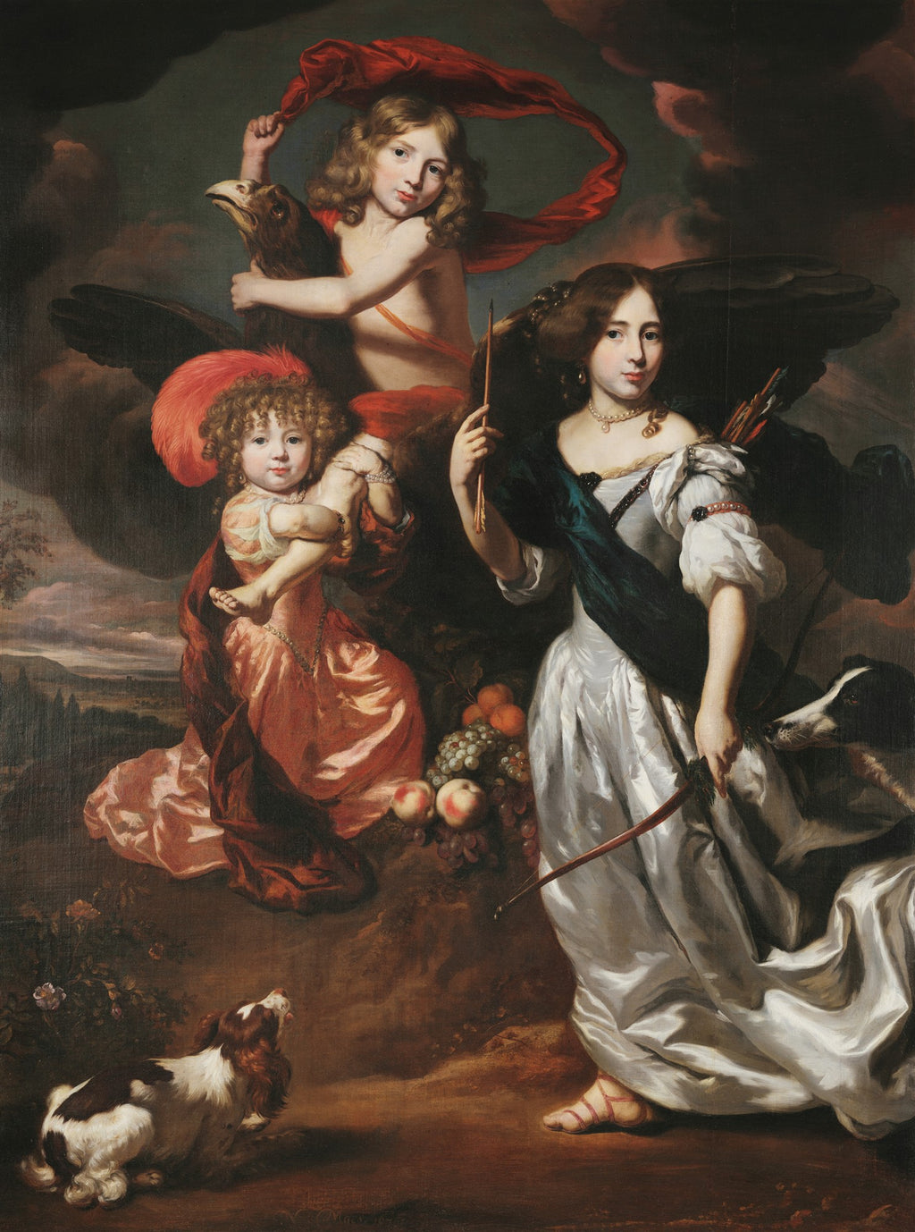 Pintura alegórica atribuída a Nicolaes Maes, retratando uma mulher como Diana com arco e flechas, ladeada por duas crianças em um cenário campestre com um cachorro, frutas e pássaros. A mulher veste um vestido branco e as crianças em tons de vermelho e pêssego, com um fundo escuro e dramático.