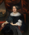 Quadro decorativo de um retrato de uma senhora idosa, com vestes escuras e colar de pérolas, sentada em uma poltrona vermelha. Ao fundo, uma cortina vermelha e uma paisagem escura.