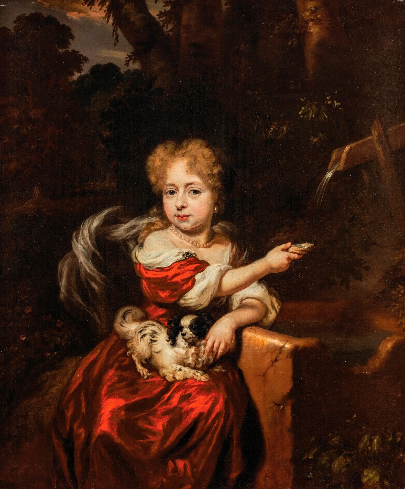 Quadro decorativo com pintura de Nicolaes Maes, retratando uma menina de vestido vermelho e um cãozinho em um cenário campestre escuro.