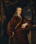 Retrato de um homem de meia-idade, com cabelos longos e castanhos, vestindo um robe vermelho-escuro e uma camisa branca. Ele está apoiado em um pedestal, com um fundo escuro e cortinas douradas. A expressão facial é serena e pensativa.