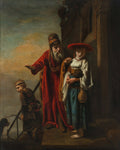 Pintura a óleo de Nicolaes Maes, 'A Expulsão de Hagar e Ismael', representando três figuras em vestes antigas, com um homem idoso barbudo em vermelho, uma mulher jovem em chapéu vermelho e um menino com um arco, em uma cena dramática e sombria. Cena de genero, tema biblico.