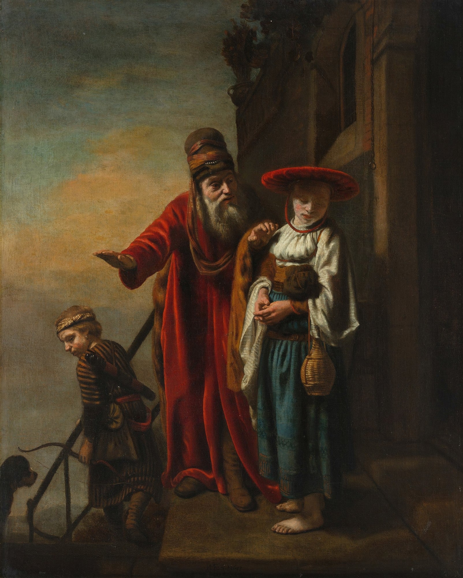 Pintura a óleo de Nicolaes Maes, 'A Expulsão de Hagar e Ismael', representando três figuras em vestes antigas, com um homem idoso barbudo em vermelho, uma mulher jovem em chapéu vermelho e um menino com um arco, em uma cena dramática e sombria. Cena de genero, tema biblico.