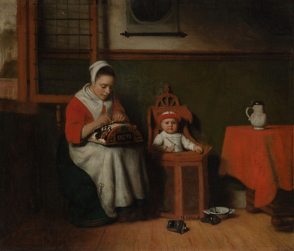 Quadro decorativo com mulher fazendo renda e criança em cadeira alta. Pintura a óleo de Nicolaes Maes, com cores escuras e vermelhas.