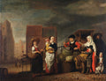 Quadro decorativo detalhado de uma cena de mercado do século XVII, com diversas figuras, incluindo mulheres com crianças, um vendedor de vegetais e um cachorro, sob um céu nublado.