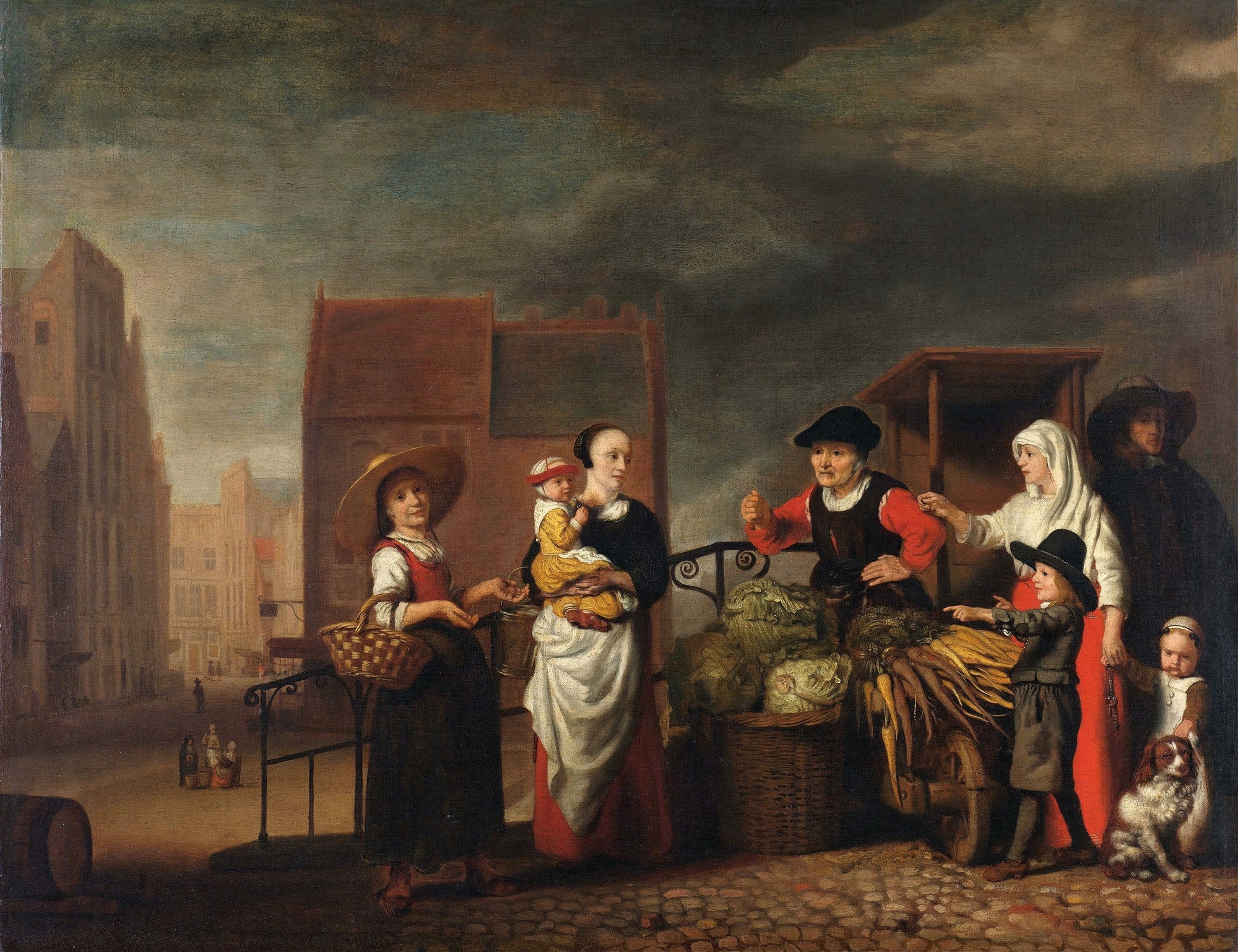 Quadro decorativo detalhado de uma cena de mercado do século XVII, com diversas figuras, incluindo mulheres com crianças, um vendedor de vegetais e um cachorro, sob um céu nublado.