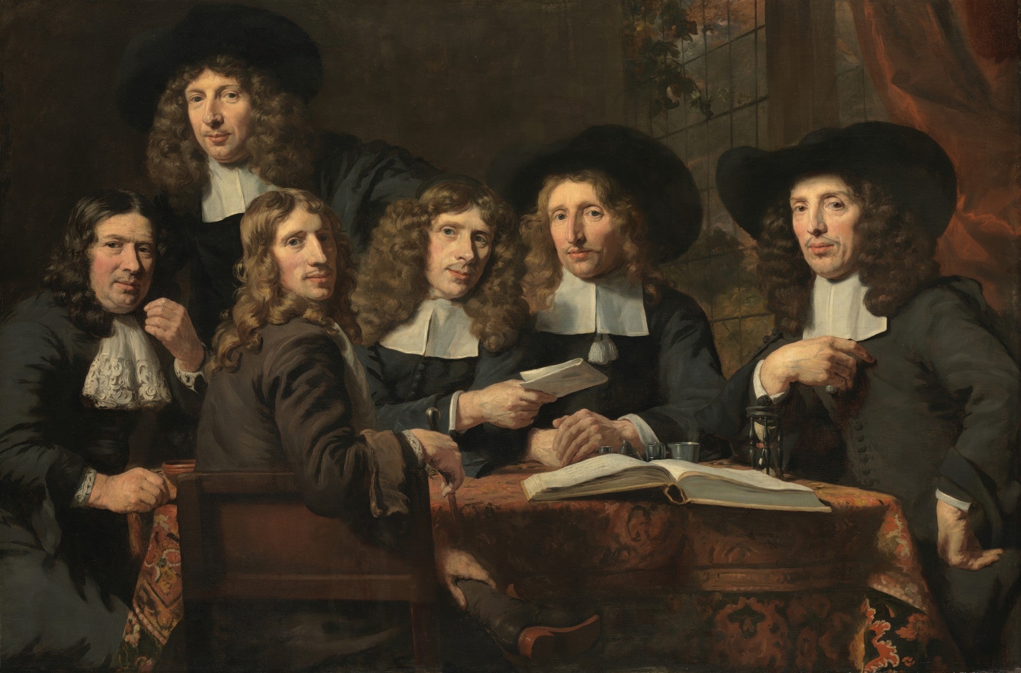 Pintura a óleo de Nicolaes Maes, 'Os Regentes da Guilda dos Cirurgiões', mostrando cinco homens de chapéu e roupas escuras da Era de Ouro Holandesa, sentados em torno de uma mesa com um livro aberto.