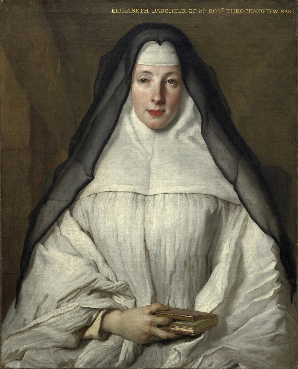Retrato de uma mulher em vestes monásticas, com véu preto e hábito branco, segurando um livro pequeno, pintado por Nicolas de Largillière.