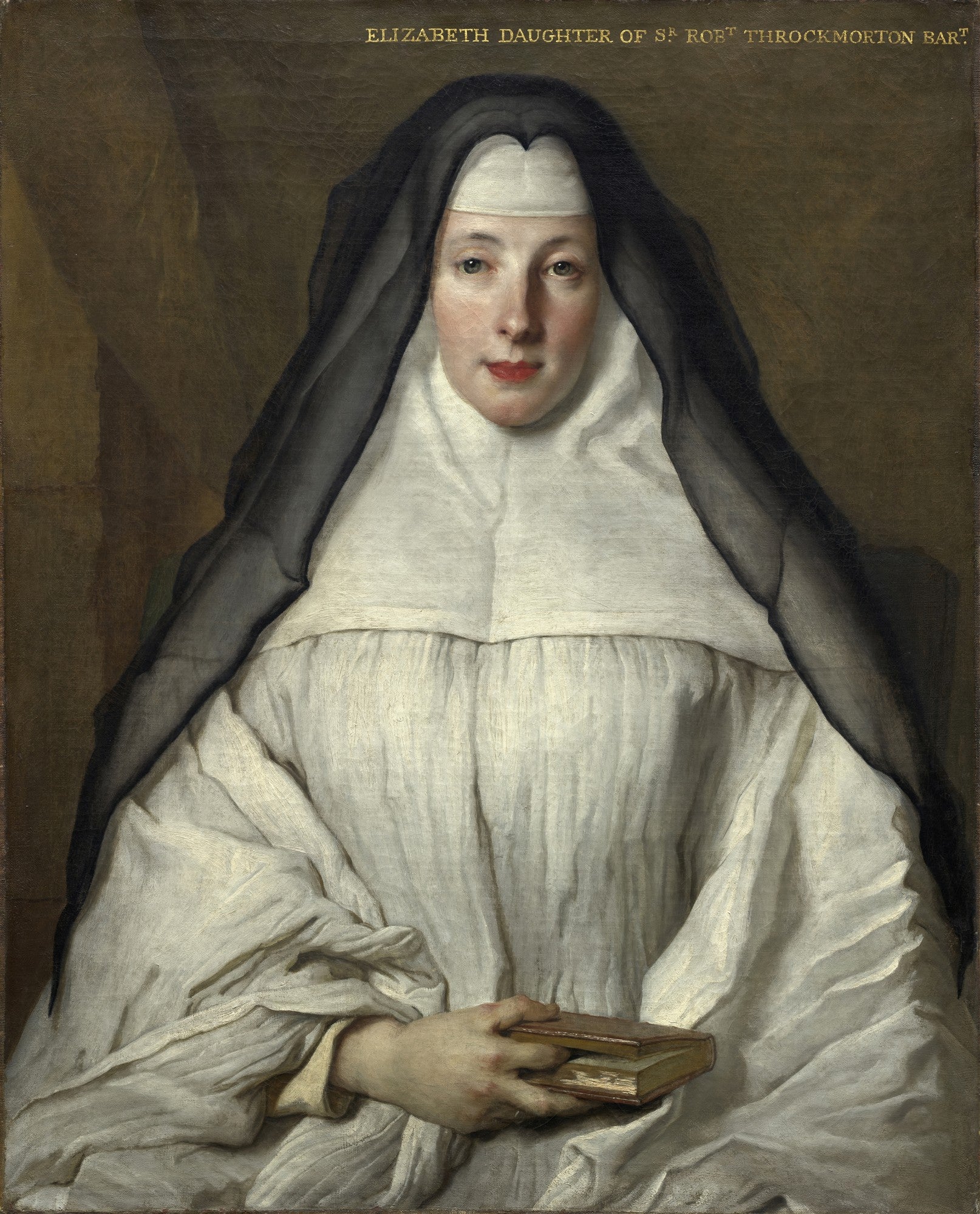 Retrato de uma mulher em vestes monásticas, com véu preto e hábito branco, segurando um livro pequeno, pintado por Nicolas de Largillière.
