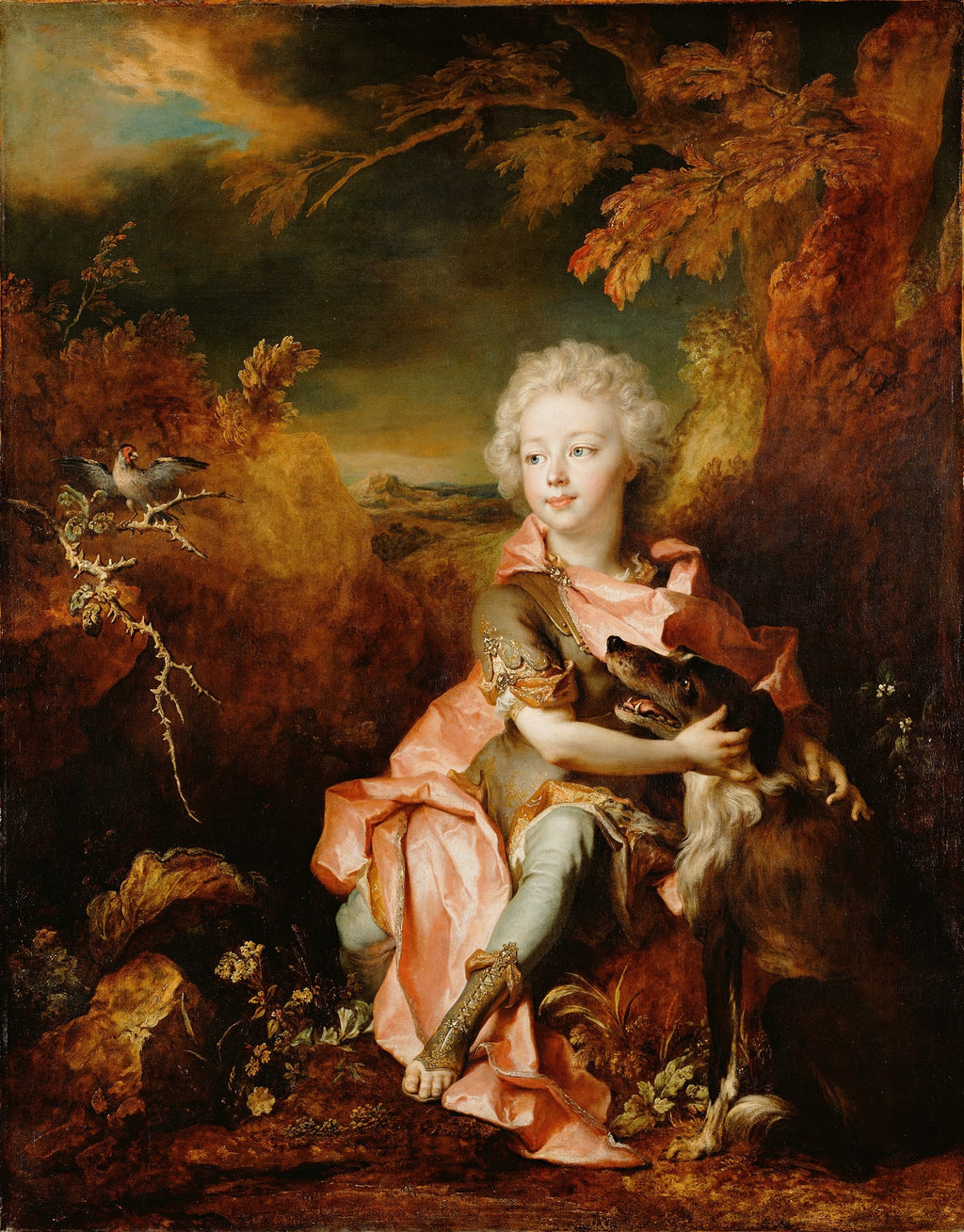 Pintura a óleo de Nicolas de Largillière retratando um menino loiro com cachos, vestido com trajes nobres em tons de rosa e azul, abraçando um cão de caça em um cenário de paisagem campestre. O céu é dramático e as árvores têm folhagem outonal. Há um pássaro em um galho à esquerda.