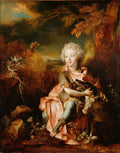 Pintura a óleo de Nicolas de Largillière retratando um menino loiro com cachos, vestido com trajes nobres em tons de rosa e azul, abraçando um cão de caça em um cenário de paisagem campestre. O céu é dramático e as árvores têm folhagem outonal. Há um pássaro em um galho à esquerda.