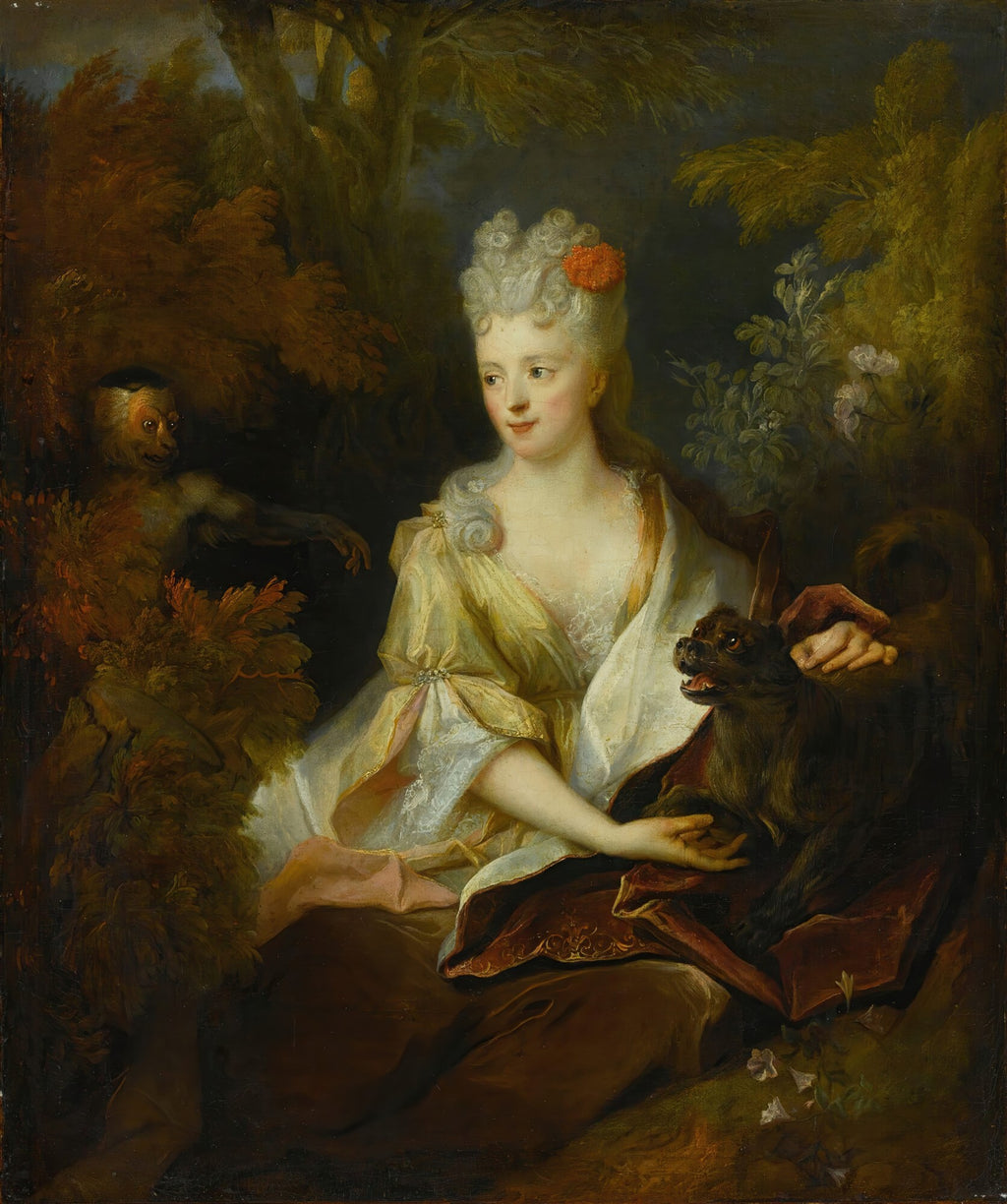 Retrato de uma dama em um jardim, com um macaco à esquerda e um cachorro à direita, atribuído a Nicolas de Largillière. Tons terrosos e verdes escuros.