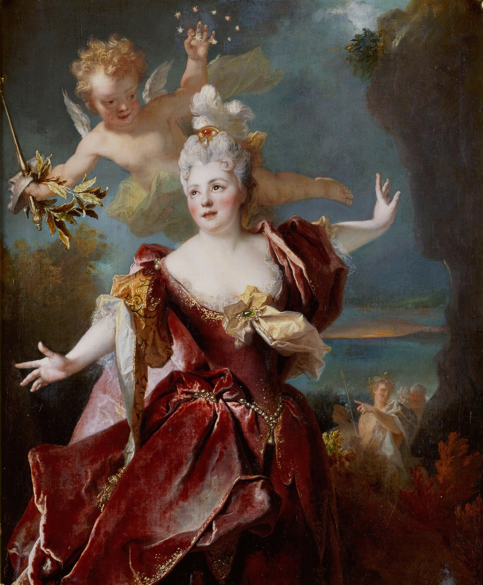 Pintura clássica de uma dama em vestido vermelho suntuoso, com um cupido espalhando estrelas ao fundo, atribuída a Nicolas de Largillière.
