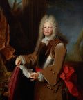 Retrato de cavalheiro com peruca branca e vestes elegantes, segurando um papel, em estilo barroco, atribuído a Nicolas de Largillière