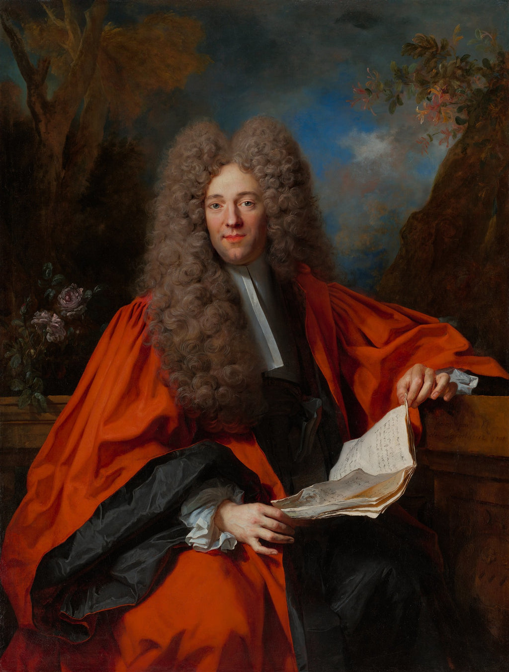 Retrato de um homem com peruca volumosa e manto vermelho, segurando partituras, atribuído a Nicolas de Largillière