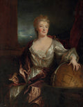 Retrato de uma mulher elegante do século XVIII, com vestido branco e manto vermelho, apoiada em um globo terrestre, obra de Nicolas de Largillière.
