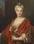 Retrato de uma dama com vestido vermelho e rendas brancas, cabelos loiros adornados com flores e pérolas, estilo rococó, atribuído a Nicolas de Largillière.