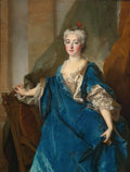 Retrato de uma mulher do século XVIII com um vestido azul ricamente drapeado e rendas, em um ambiente clássico, obra de Nicolas de Largillière.