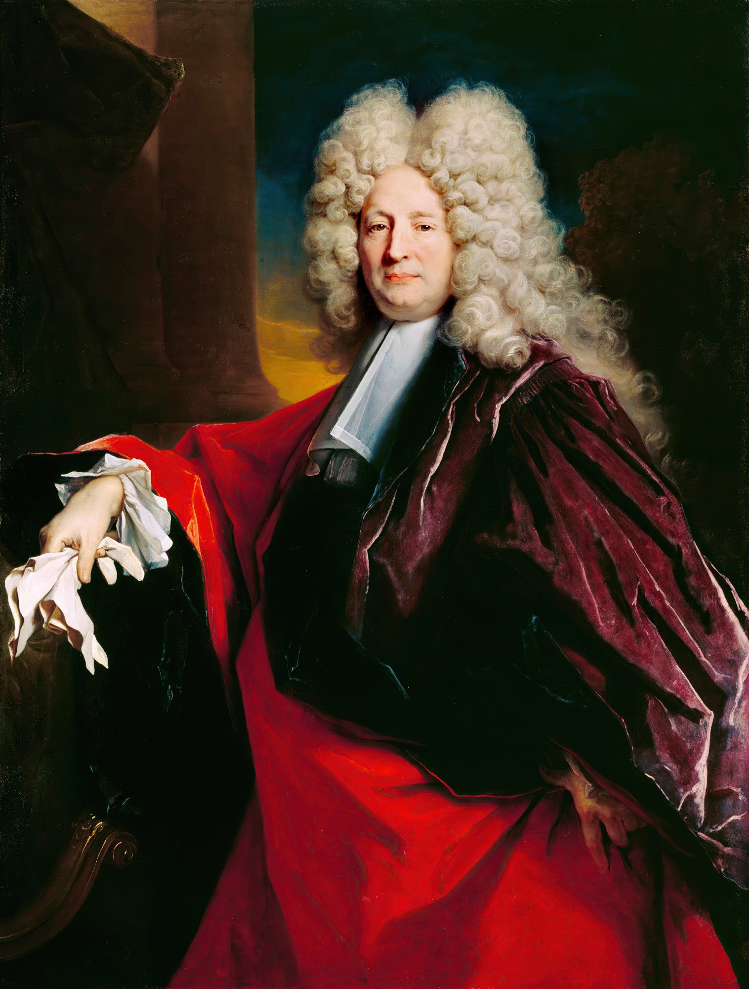 Retrato de um magistrado com peruca branca volumosa e vestes suntuosas nas cores vermelho e vinho, ao estilo barroco de Nicolas de Largillière.