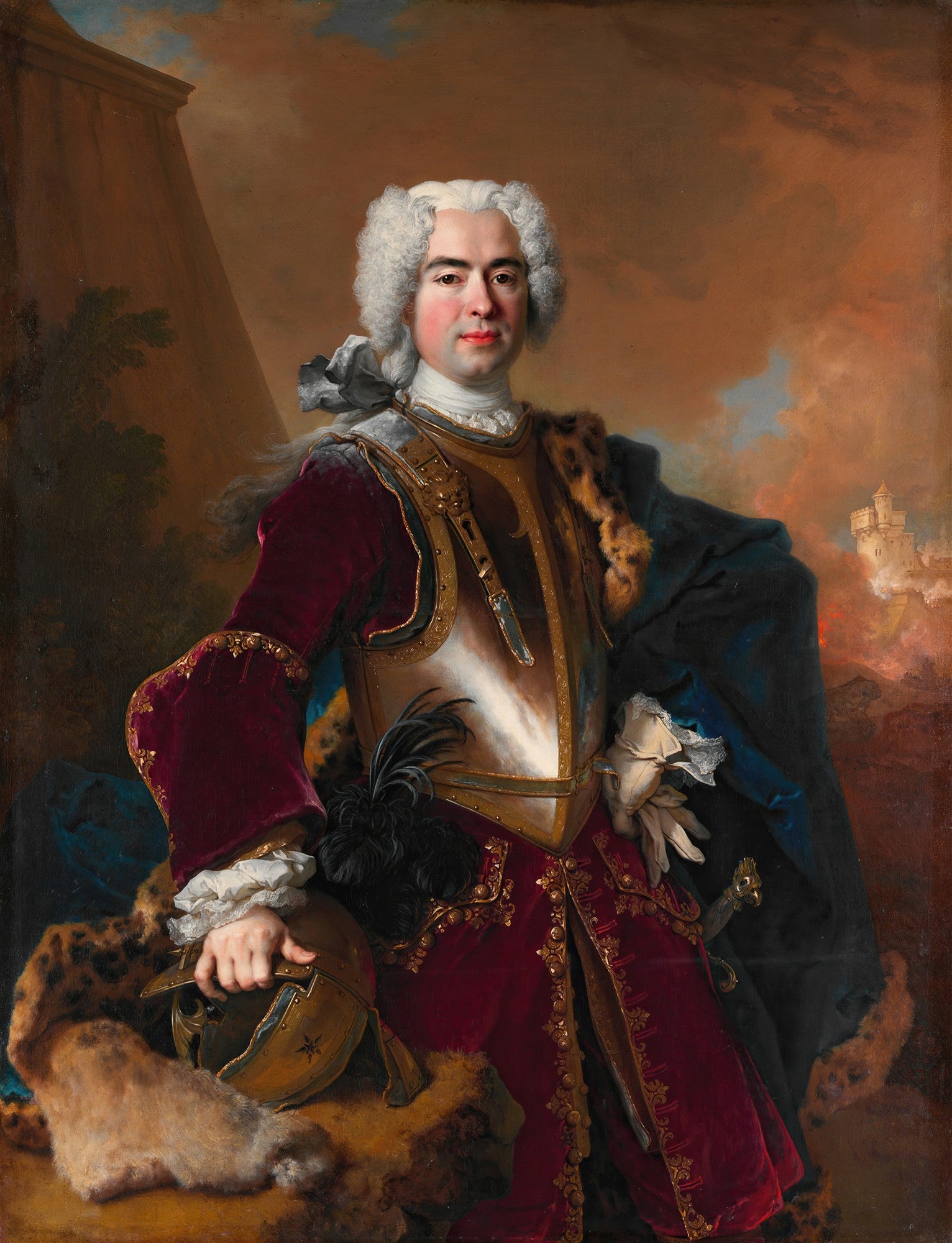 Retrato de um nobre francês do século XVIII, Charles-Godefroy de La Tour d'Auvergne, pintado por Nicolas de Largillière, em armadura e vestes vermelhas, com peruca branca e fundo de batalha, com moldura de madeira luxuosa. Óleo sobre tela.