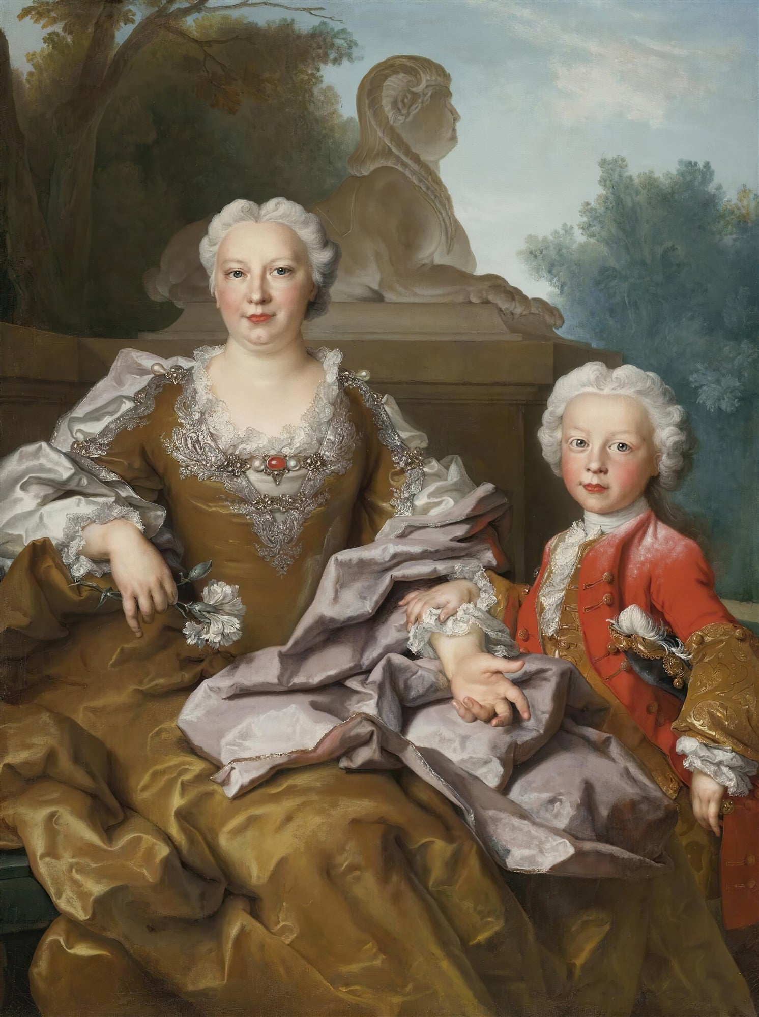 Retrato de uma mulher e um menino, ricamente vestidos, com uma esfinge ao fundo, obra de Nicolas de Largillière