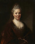 Retrato de uma mulher de meia-idade com cabelo grisalho preso, vestindo um robe de veludo marrom escuro com renda branca no decote, olhando diretamente para o observador, com fundo escuro. Atribuído a Nicolas de Largillière.