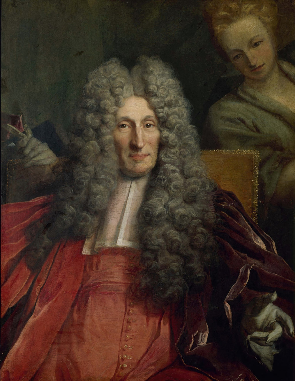 Retrato de um cavalheiro com peruca volumosa e vestes vermelhas, estilo barroco, atribuído a Nicolas de Largillière.