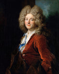 Retrato de um cavalheiro com peruca encaracolada loira e casaco vermelho, olhando para o espectador, em estilo barroco.