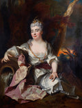 Retrato de uma dama com vestido de seda perolado e detalhes em roxo, sentada em um cenário natural com folhagens escuras e céu alaranjado ao fundo, atribuído a Nicolas de Largillière.