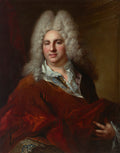 Quadro decorativo mostrando um retrato de um cavalheiro com peruca branca volumosa, vestindo casaco escuro e manto vermelho, com expressão serena, atribuído a Nicolas de Largillière.