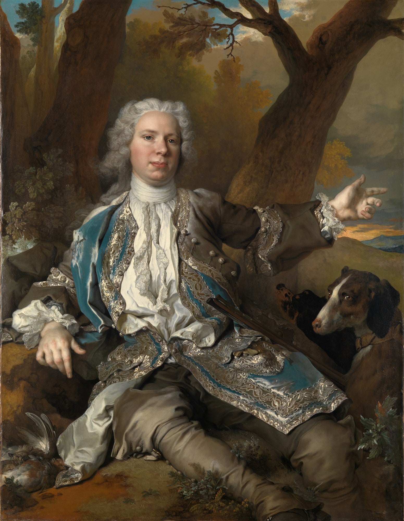 Retrato de cavalheiro em paisagem campestre com cão, por Nicolas de Largillière, exibindo vestimenta elegante do século XVIII em tons terrosos e azul.