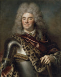 Retrato de um cavalheiro com peruca grisalha e armadura, vestindo um manto de pele de leopardo, atribuído a Nicolas de Largillière. A obra possui tons escuros e ricos, com destaque para a textura da armadura e da pele.