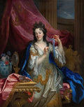 Retrato de uma mulher elegante sentada em um ambiente luxuoso, vestindo um vestido de seda claro com detalhes dourados e um manto azul, segurando uma fita azul. A mulher possui cabelos escuros e cacheados e seu olhar é direto. Ao lado, uma mesa com espelho e caixa de joias.