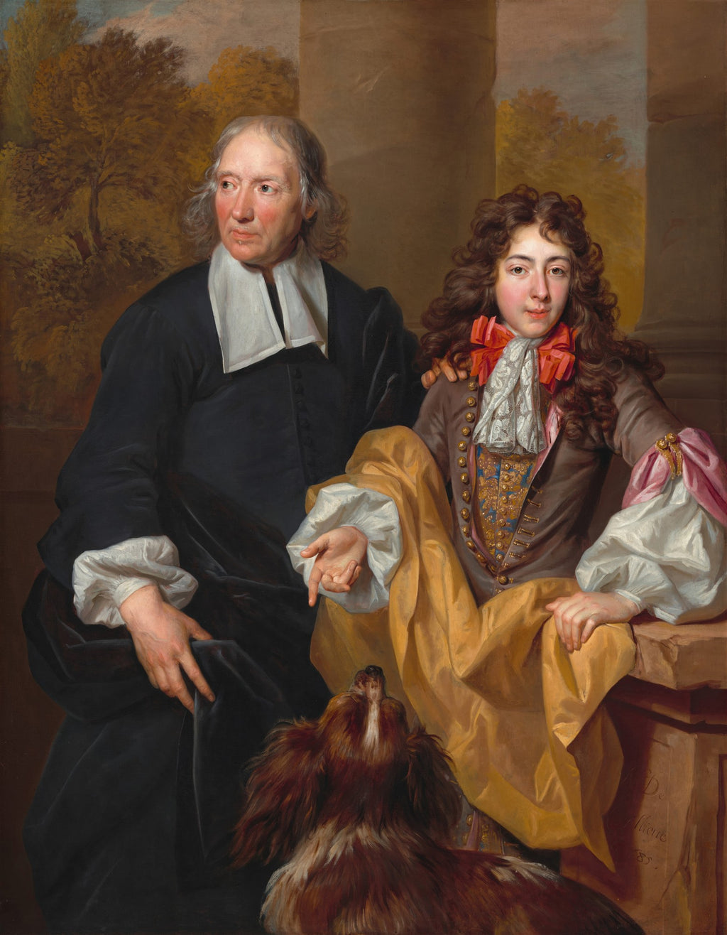 Retrato de um homem mais velho e um jovem com cabelo encaracolado, ambos elegantemente vestidos, com um cão aos seus pés, em tons terrosos e escuros, atribuído a Nicolas de Largillière.