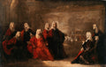 Pintura a óleo de Nicolas de Largillière retratando figuras aristocráticas com perucas brancas e vestes vermelhas e escuras no primeiro plano, com um cortejo real ao fundo, em tons terrosos e escuros.