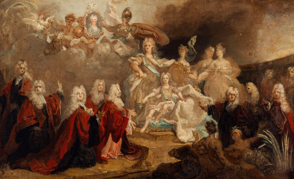 Quadro decorativo 'A Rainha e a Família Real' de Nicolas de Largillière, representando figuras da realeza e anjos em estilo barroco.