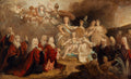 Quadro decorativo 'A Rainha e a Família Real' de Nicolas de Largillière, representando figuras da realeza e anjos em estilo barroco.