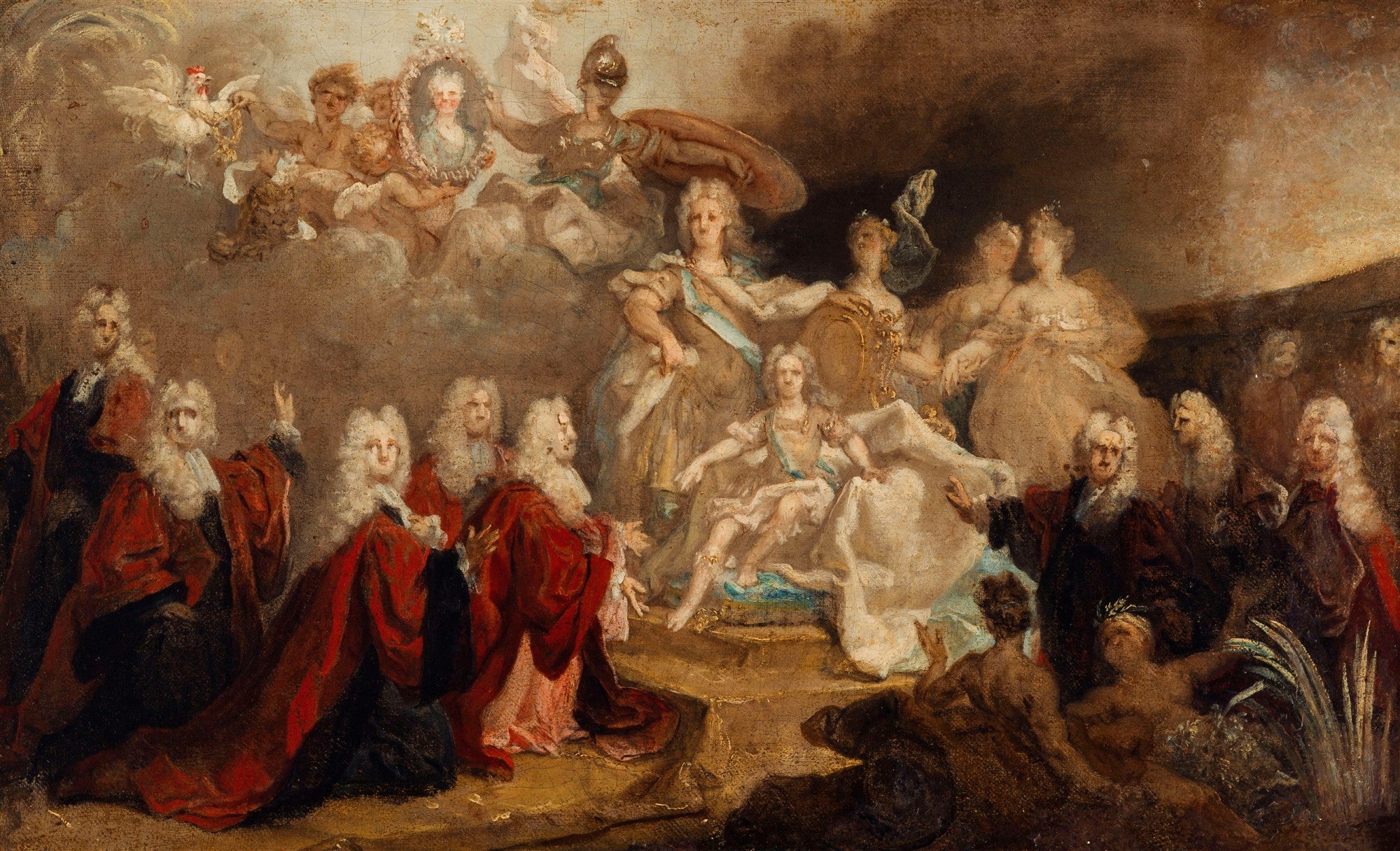 Quadro decorativo 'A Rainha e a Família Real' de Nicolas de Largillière, representando figuras da realeza e anjos em estilo barroco.