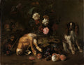 Quadro decorativo mostrando uma natureza morta escura e rica, com um coelho morto deitado, frutas como uvas e pêssegos, flores em um vaso e um cachorro sentado à direita, observando a cena.