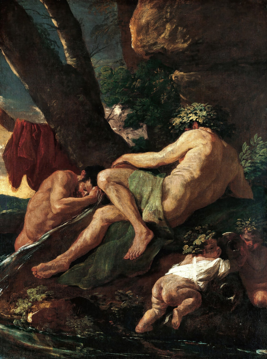 Pintura clássica de Nicolas Poussin, Ninfas e Faunos, com figuras nuas e seminuas em uma paisagem natural exuberante, com tons terrosos e verdes profundos.