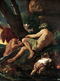 Pintura clássica de Nicolas Poussin, Ninfas e Faunos, com figuras nuas e seminuas em uma paisagem natural exuberante, com tons terrosos e verdes profundos.
