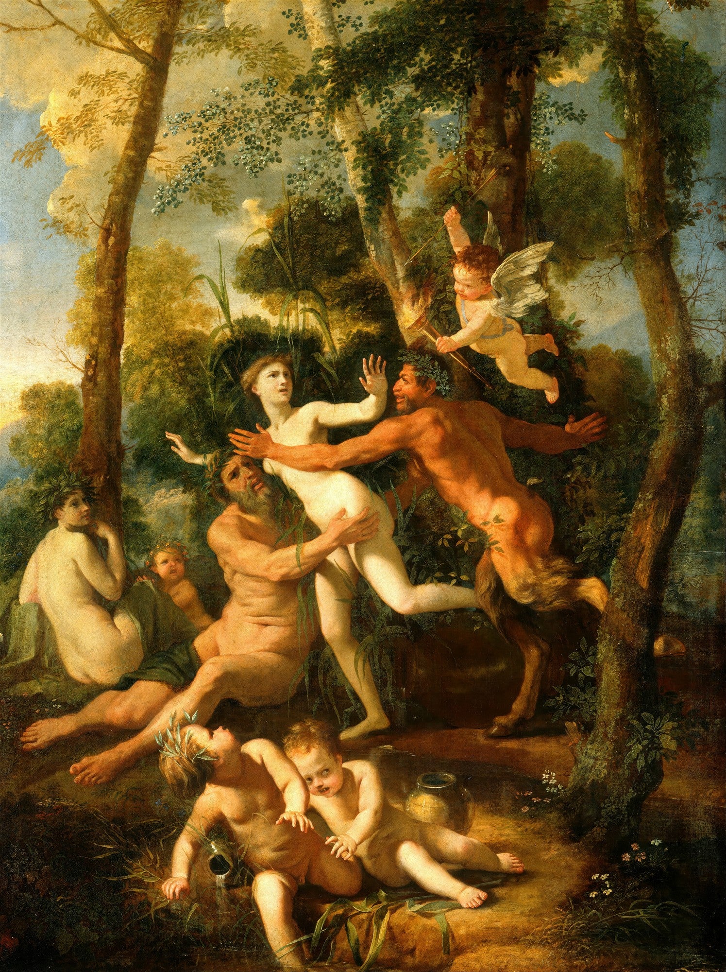 Quadro decorativo 'Ninfas e Faunos' de Nicolas Poussin, retratando uma cena mitológica em uma floresta com figuras nuas e semi-nuas, incluindo sátiros e cupido, em uma composição barroca vibrante.