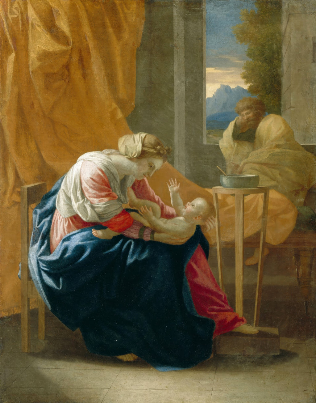 Quadro decorativo com pintura de Nicolas Poussin, 'A Sagrada Família', retratando Virgem Maria com o Menino Jesus no colo e São José ao fundo, com cortina dourada e paisagem montanhosa visível pela janela.
