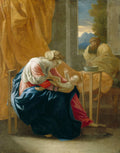 Quadro decorativo com pintura de Nicolas Poussin, 'A Sagrada Família', retratando Virgem Maria com o Menino Jesus no colo e São José ao fundo, com cortina dourada e paisagem montanhosa visível pela janela.
